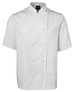 A white short-sleeve chef's jacket with a double-breasted design and a logo on the collar.