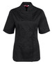 A black ladies short-sleeved chef's jacket with double-breasted button closure and a side pocket.