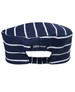 A navy and white striped chef's cap with an elastic band and a logo on the back.