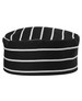 A black chef's cap with white stripes, featuring a round, flat top and a simple design. It has a logo on it.
