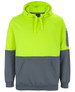 A high-visibility hoodie in bright yellow and grey, featuring a front pocket and a branding logo.