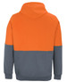 A work hoodie featuring a grey body with an orange upper section and a hood, complete with a logo.