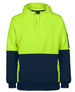A high-visibility hooded sweatshirt featuring a bright yellow upper and navy blue lower sections. Includes a logo.