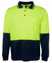 A high-visibility long sleeve polo shirt in bright yellow and navy blue, featuring a chest pocket and logo.