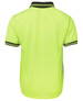 A back view of a short-sleeved, high-visibility yellow polo shirt with contrasting black details and a logo.