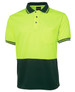 A high-visibility short-sleeve polo shirt in bright yellow with a dark green bottom and a pocket. Features a logo.