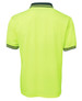 A neon yellow polo shirt featuring a collar with contrasting trim and a logo on the back.