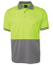 A short-sleeved polo shirt in high visibility lime green with grey accents and a left chest pocket. It features a logo.