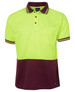 A high-visibility polo shirt in bright yellow and maroon, featuring a collar, pocket, and a logo.