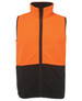 An orange and black vests with a zip front and high collar, featuring side pockets and a logo.