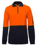 A 1/2 zip fleece jumper in orange and navy blue, featuring a front pocket and a logo on the sleeve.