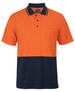 An orange and navy striped polo shirt with a collar and a chest pocket, featuring a logo.