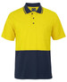 A short-sleeved cotton pique polo in bright yellow and navy, featuring a pocket and a logo.