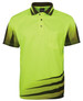 A bright yellow-green work polo shirt with black accents and a pocket, featuring a logo on the collar.