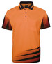 An orange and black work polo shirt with a pocket and a distinctive design. It features a logo.