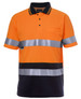 An orange and navy polo shirt with reflective stripes and a logo on the chest. It's designed for workwear.