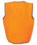 An orange safety vest featuring grey trim on the edges and a branding logo.