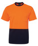 An orange and navy work t-shirt featuring a pocket and a branding logo.