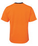 An orange work t-shirt with short sleeves and a black collar, featuring a logo on the back.