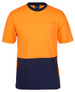 A crew neck cotton T-shirt featuring orange and navy blue colours, with a pocket on the front and a logo.
