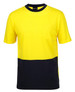 A bright yellow crew neck cotton T-shirt with a black lower section and a chest pocket. Features a logo.