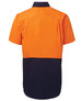 A short-sleeved work shirt featuring an orange upper section and a navy blue lower section, complete with a logo.