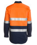 An orange and navy long-sleeve work shirt with reflective strips and a logo on the back.