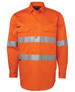 An orange long-sleeve work shirt with reflective silver stripes and a logo. It features two chest pockets and a button-up front.