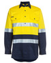 A long-sleeve work shirt in bright yellow and navy with reflective stripes and a logo.