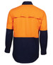 A vibrant orange and navy long-sleeve work shirt with a back flap and buttoned cuffs. Features a logo.