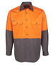 A long-sleeve work shirt in orange and grey with two front pockets and a logo.