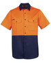 An orange and navy short-sleeved work shirt featuring two chest pockets and a logo.