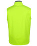 A lime and navy three-layer softshell vest with a collar and no sleeves, featuring a branding logo.