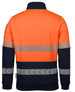 A segmented fleece jumper in orange and navy, featuring reflective stripes and a collar. It has a logo on the sleeve.