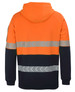 A segmented hoodie featuring orange and navy colours, with reflective tape across the back. Includes a hood.