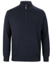 A dark navy knitted jumper featuring a half zip and long sleeves, designed for a corporate look.