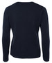 A back view of a navy knitted cardigan, featuring long sleeves and a fitted design. The garment has a logo.