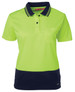 A bright yellow and navy blue ladies' short sleeve polo shirt with a pocket and a logo.