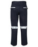 Navy work trousers featuring reflective tape on the legs and pockets, with a logo on the back.