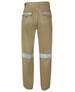 Work trousers in khaki with reflective tape on the legs. Features pockets and a logo on the back.