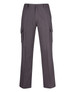 Grey cargo pants with multiple side pockets and a button closure. Includes a logo on the waistband.