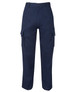 Navy cargo pants featuring side pockets and a button closure, designed with a straight-leg cut.