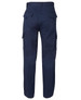 Navy cargo pants featuring multiple side pockets and a plain design, with a logo on the waistband.