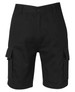 Black cargo shorts with side pockets and a classic design, featuring a front button and zip closure.