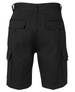 Black cargo shorts featuring multiple pockets and a waistband with loops, showcasing a plain back view.