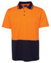 An orange and navy short-sleeve polo shirt with a pocket and a branded logo.