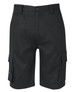Black cargo shorts featuring multiple pockets and a branded logo. Suitable for casual or functional wear.