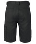 Black cargo shorts featuring multiple pockets and a sturdy design, with a logo. Back view displayed.