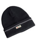 A black reflective beanie with a folded cuff and a small branded label. Reflective stripe included.
