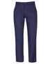 Navy blue trousers made of stretch canvas with a button closure and pockets, featuring a logo.